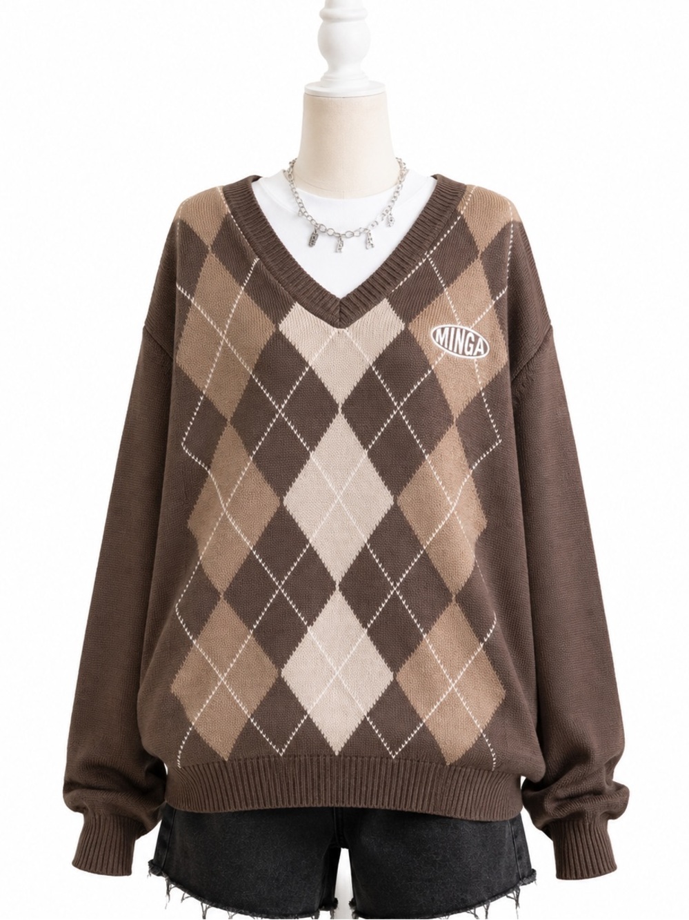 Minga Brown Argyle V-Neck Sweater